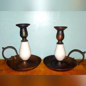 Pr Mid Century Solid Copper Candlesticks W/Marble Design.